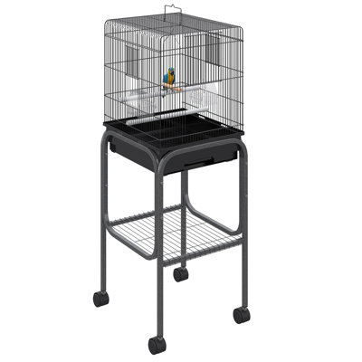 Bird Cage Starter Kit With Detachable Rolling Stand, Black Metal(15.25”l×17”w×44.5”h) – Ideal For Small Birds, 3 Oversized Front Doors , 2 Plastic Perches+1 Wooden Swing+2 Food Containers, Slide-out Tray, 4 Universal Wheels