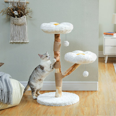 Arbre à chat à fleurs en bois, tour à chat moderne avec branches en bois véritable, mobilier de luxe avec poteau à griffes et 2 perchoirs, tour d'escalade pour chats d'intérieur, nuage blanc