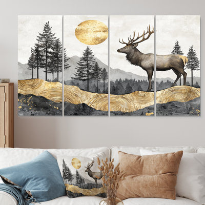 «Golden Deer Landscape Grace In The Wild I», art mural animal, art mural moderne