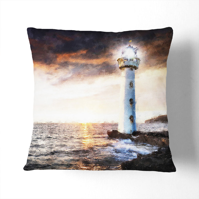 Lighthouse and Seascape Evening Glow Painting Cushion with Filling, 40cm H x 40cm W x 15cm D, White