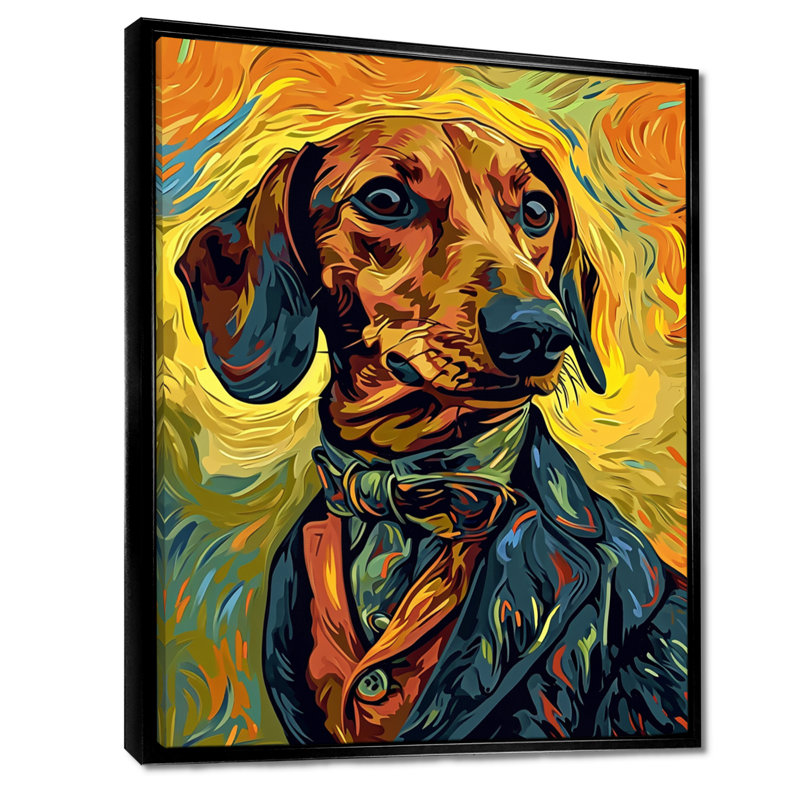 Teckel élégant en costume élégant - reproduction d'art mural chien, H 20 po x l 12 po x P 1 po, Toile avec cadre noir