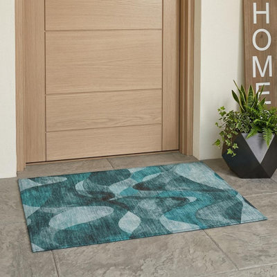 2' X 3' Teal Abstract Washable Non Skid Indoor Outdoor Area Rug