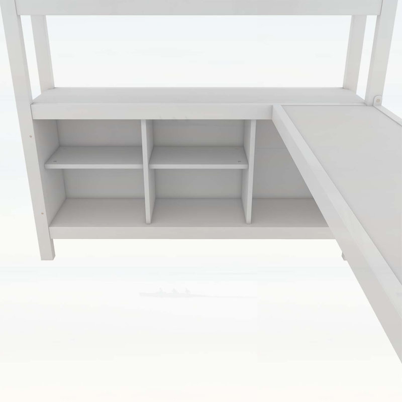 Lit mezzanine en métal pleine grandeur avec armoire, bureau en L et rangements, pour un gain d'espace et une utilisation multifonctionnelle