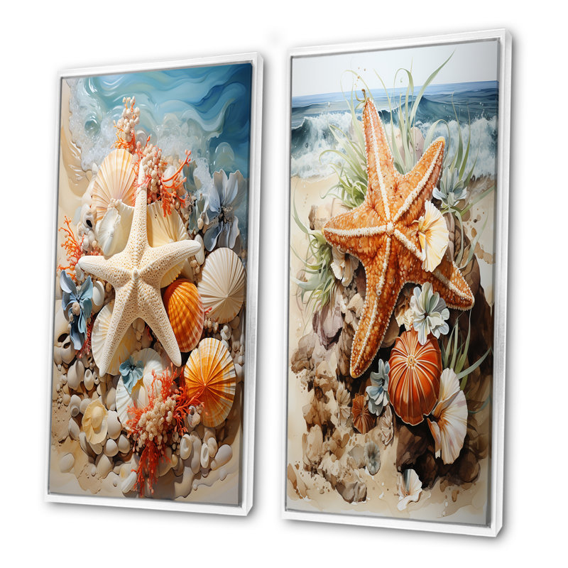 Orange et bleu étoile de mer Sands II - ensemble d'art mural sur toile tropical côtier, Cadre blanc, H 28 po x l 25 po