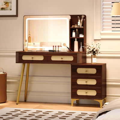 Solid Wood Makeup Vanity with Mirror And Lights Girls Vanity, Simple Leg Installation