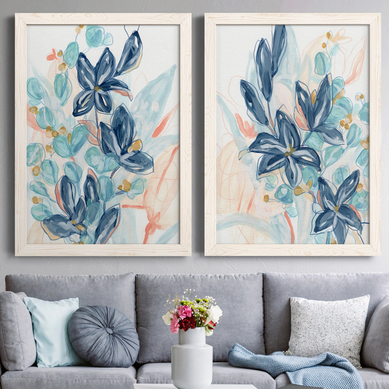 Blooming Blues I - ensemble de 2 cadres photo, H 43,5 po x l 31,5 po x P 1 po, Toile blanche encadrée