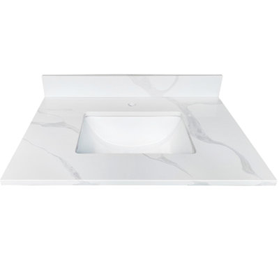 Comptoir de salle de bain 3/4 po 31 po en quartz, lavabo encastré au centre, 4 dosserets, 1 trou de robinet pré-percé, couleur blanche, centre facile à nettoyer, un entretien