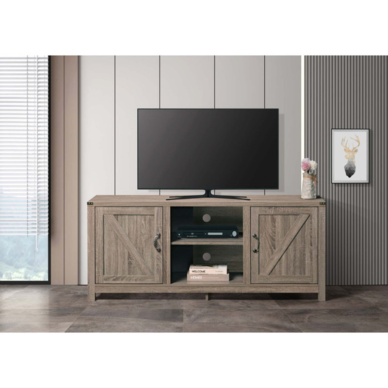 Meuble télé de style ferme en faux bois avec revêtement en papier et rangement, Taupe