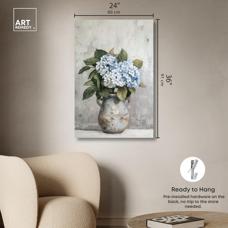 Large Blue and White Floral Canvas Art with Pine Frame
