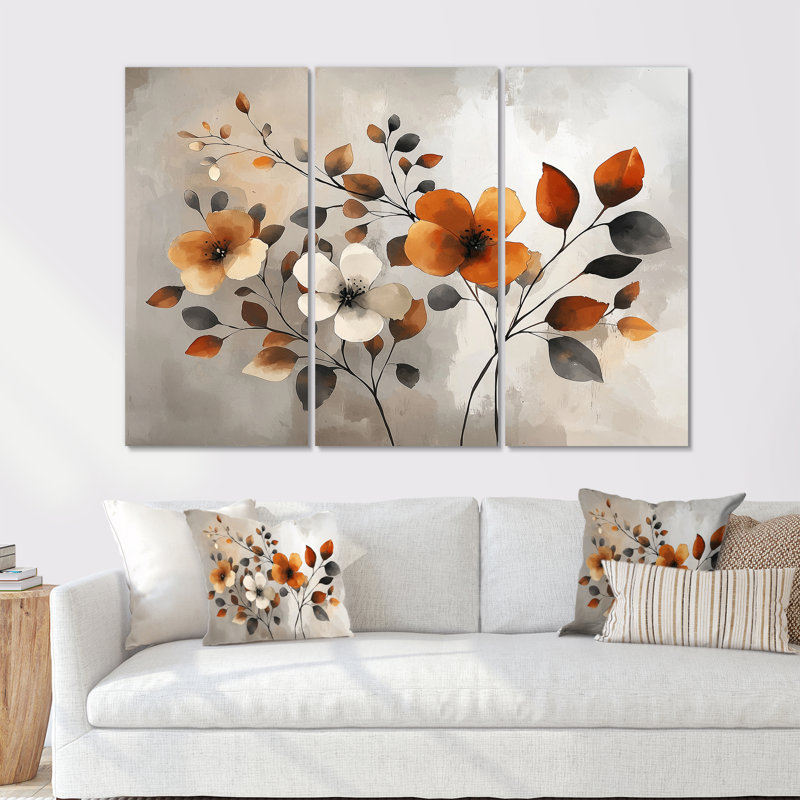 Fleurs de cerisier orange gris botanique VI - ensemble de reproductions d'art mural cerisier en fleurs, Toile tendue