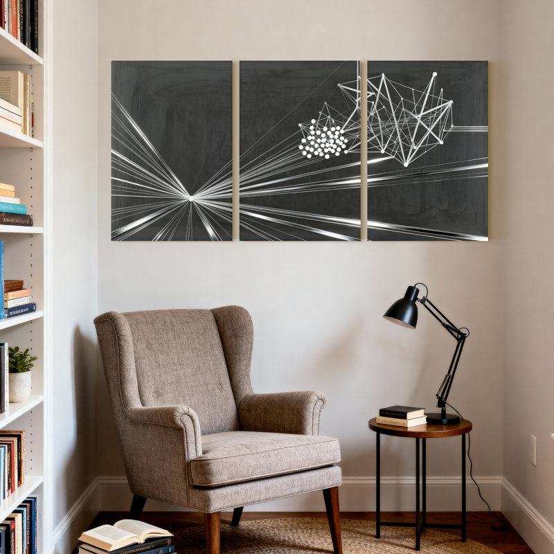 Ensemble de 3 tableaux sur toile à motifs géométriques abstraits, H 30 po x l 60 po