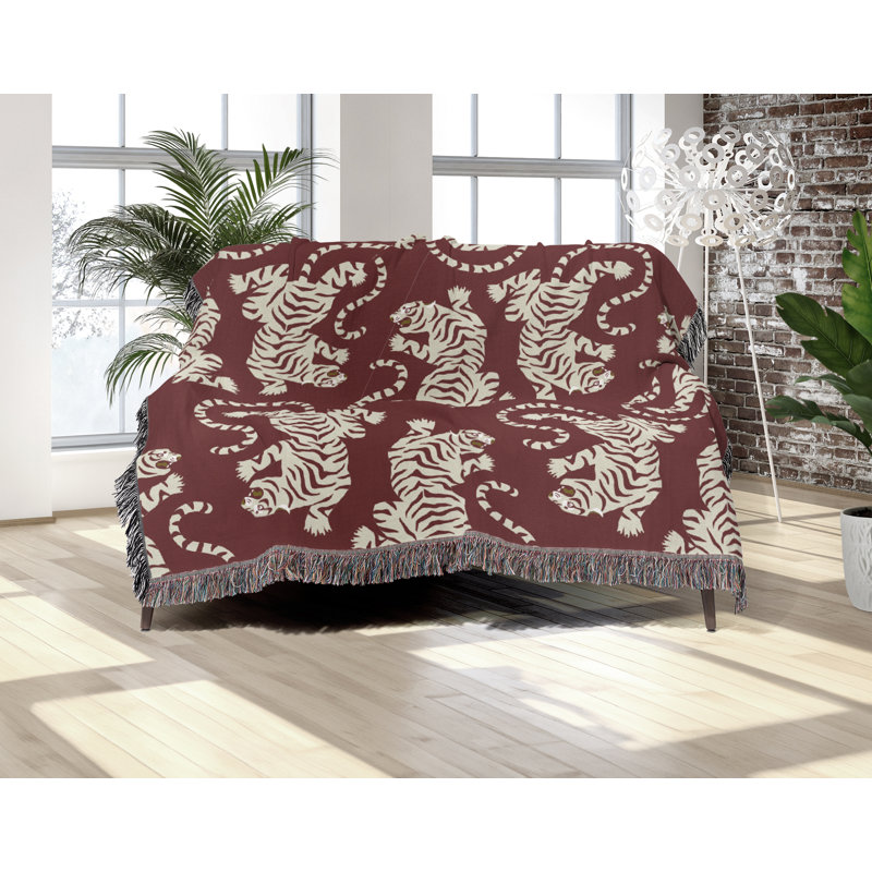 Jeté en mélange de coton Leonard Tiger, Rouge, blanc cassé, L 60 po x l 50 po