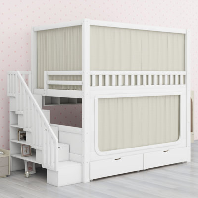Lit superposé en bois robuste avec rideaux d'intimité, tiroirs, lumières DEL sous le lit et escalier de rangement