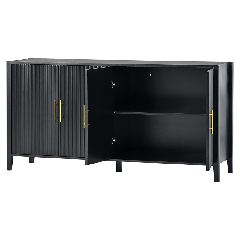 Buffet à lattes ondulées verticales 63,1 po à 4 portes verticales, armoire de rangement au design élégant, pieds en bois massif avec poignées peintes en métal, pour la salle à manger, le salon, la cuisine ou le vestibule (noir)