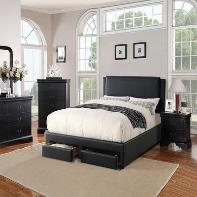 1pc Bed w Storage Drawers FB Modern Faux Leather Upholstered Bedroom Furniture