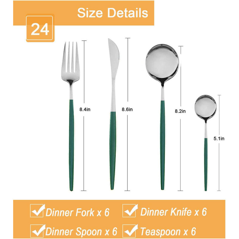 Ensemble de couverts 24 pièces en acier inoxydable pour 6 personnes, ensemble de couverts Western poli miroir avec fourchettes, cuillères et couteaux, ustensiles de cuisine durables et résistants à la rouille