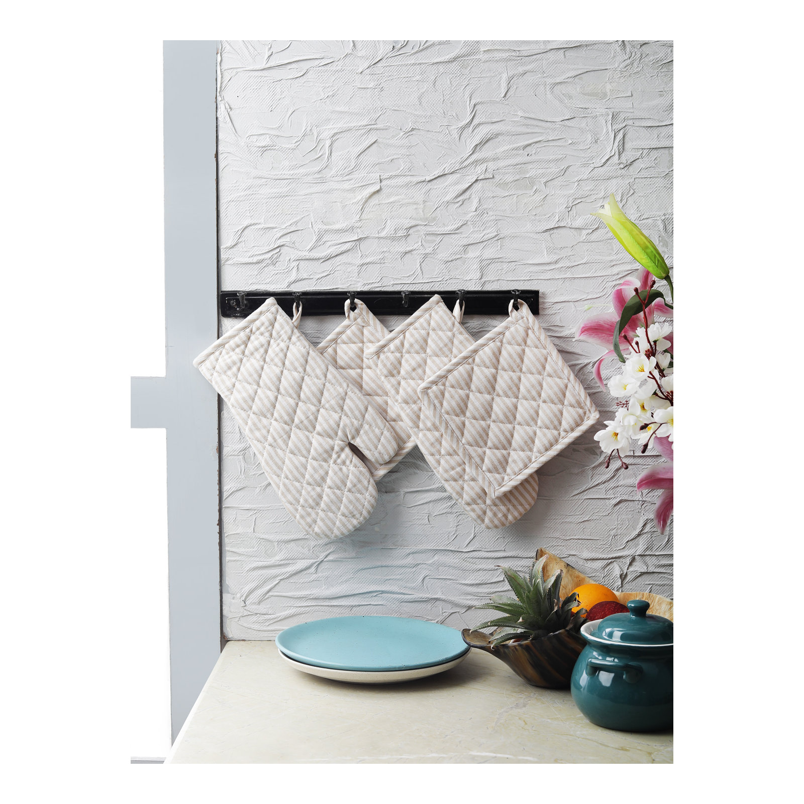 Potholder & Oven Mitt Set, Beige/White