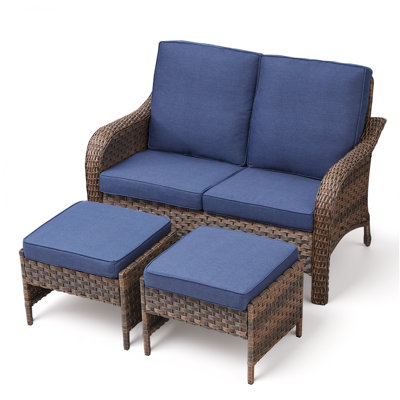 Arley 3-Piece Outdoor Wicker Curved Arms Patio Loveseat With Ottomans by Red Barrel Studio