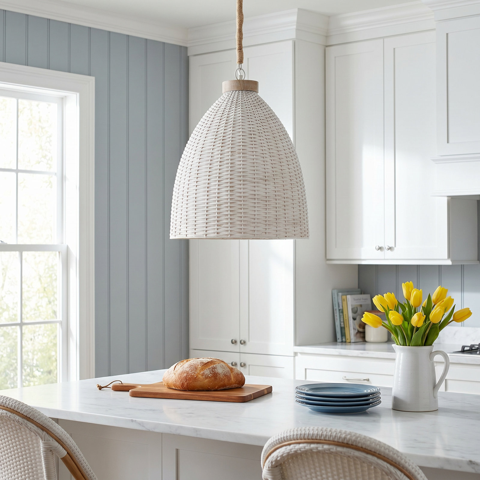 Olsen Single Light Rattan Dimmable Pendant, 92" H x 30" W  x 30" D, White