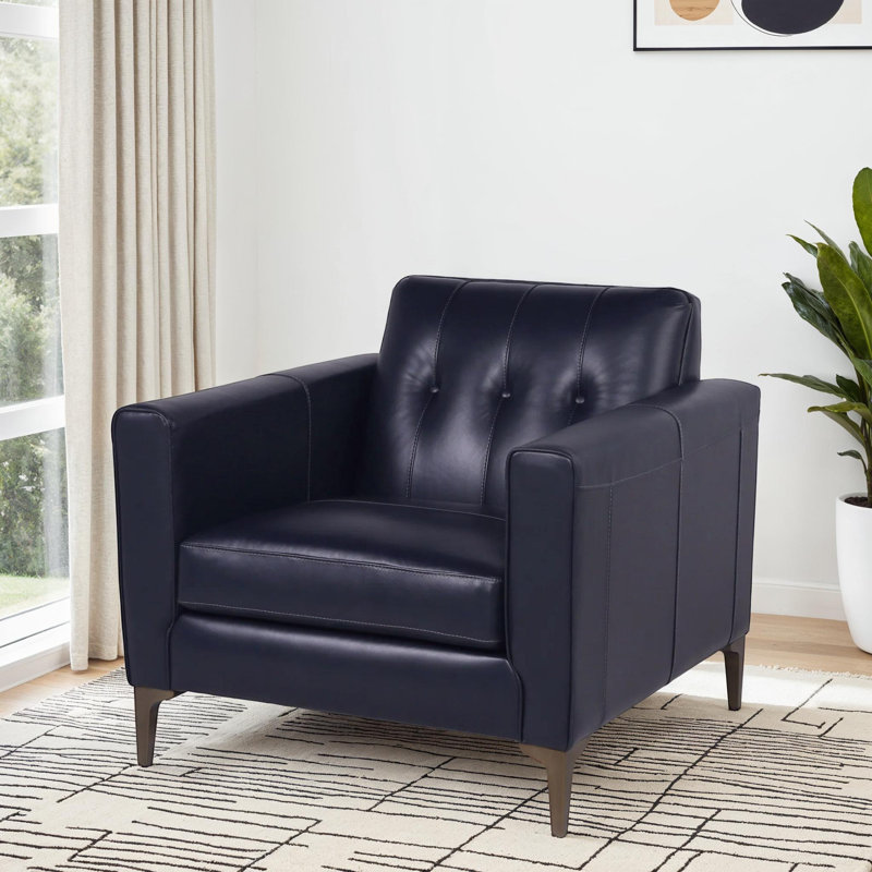 Fauteuil club capitonné Dannie, Cuir véritable bleu marine Counterbalance