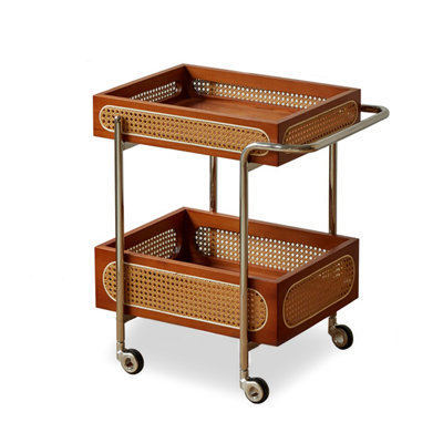 Two-Tier Rattan Side Table with Solid Wood & Stainless Steel Frame, Mobile Design