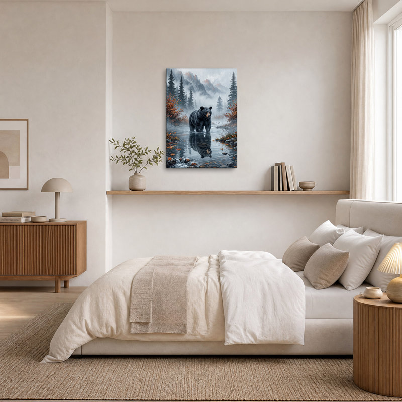 Reflet d'un ours noir dans un ruisseau de montagne brumeux - Tableau sur toile, H 36 po x l 24 po