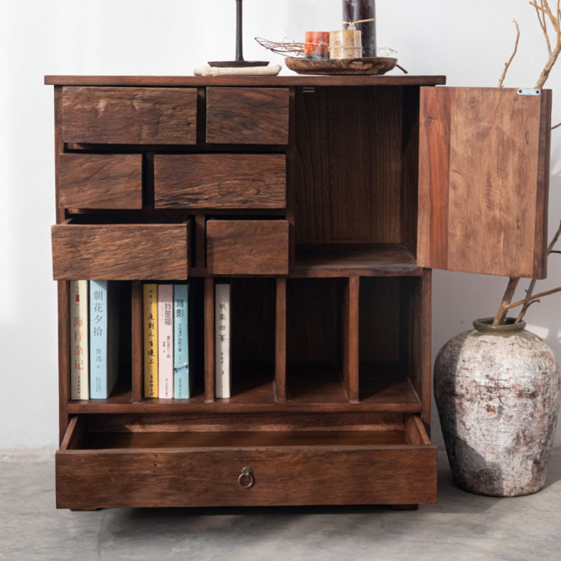 Wabi-sabi style solid wood storage side cabinet