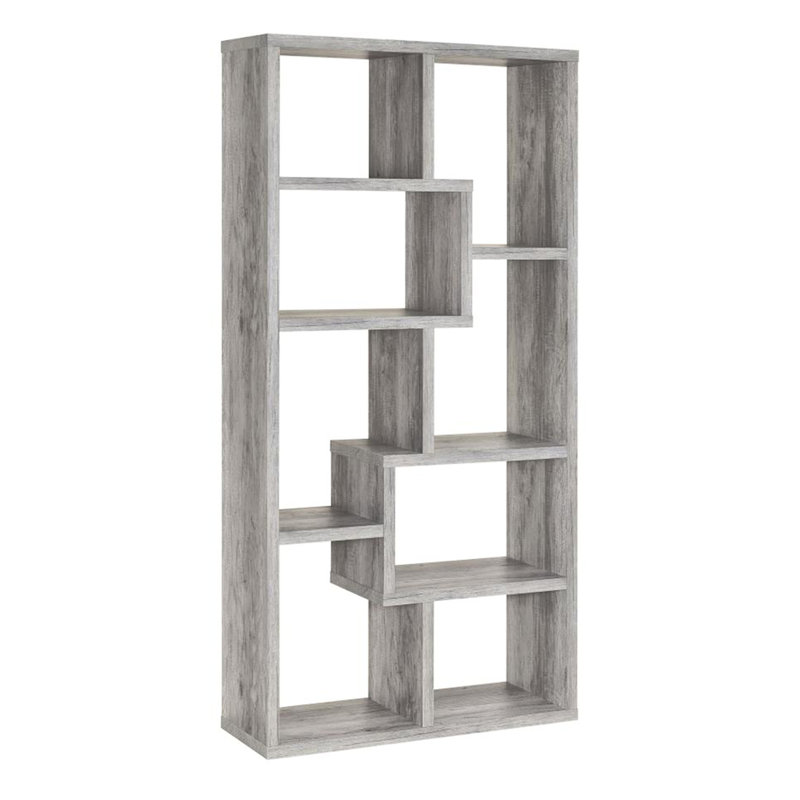 Bibliothèque grise à 10 tablettes en bois flotté gris, compartiments ouverts variés pour différents usages de rangement, bois d'ingénierie divers