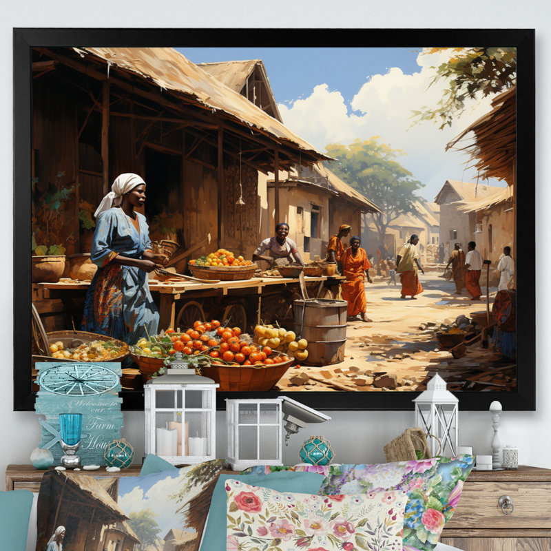 African Vibrant Market II - Art mural africain, Noir, H 30 po x l 40 po, Reproduction avec cadre flottant