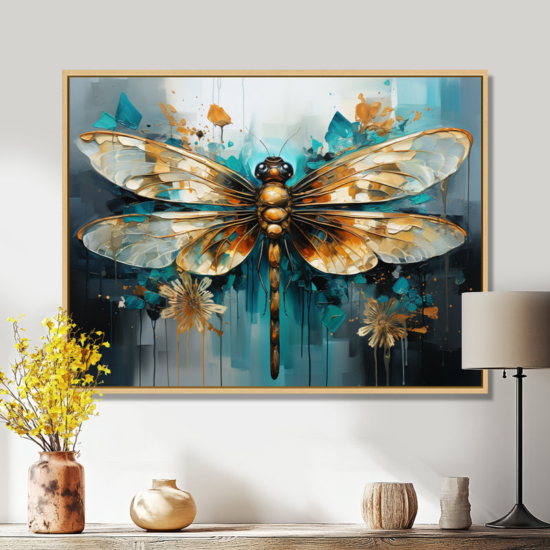 Bleu sarcelle, turquoise, libellule, gouttes I - Libellule, art mural, H 24 po x l 32 po x P 1 po, Cadre flottant érable