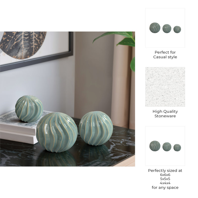 Set Of 3 Ceramic Orbs With Wavy Design – Modern Decorative Accents For Home & Office