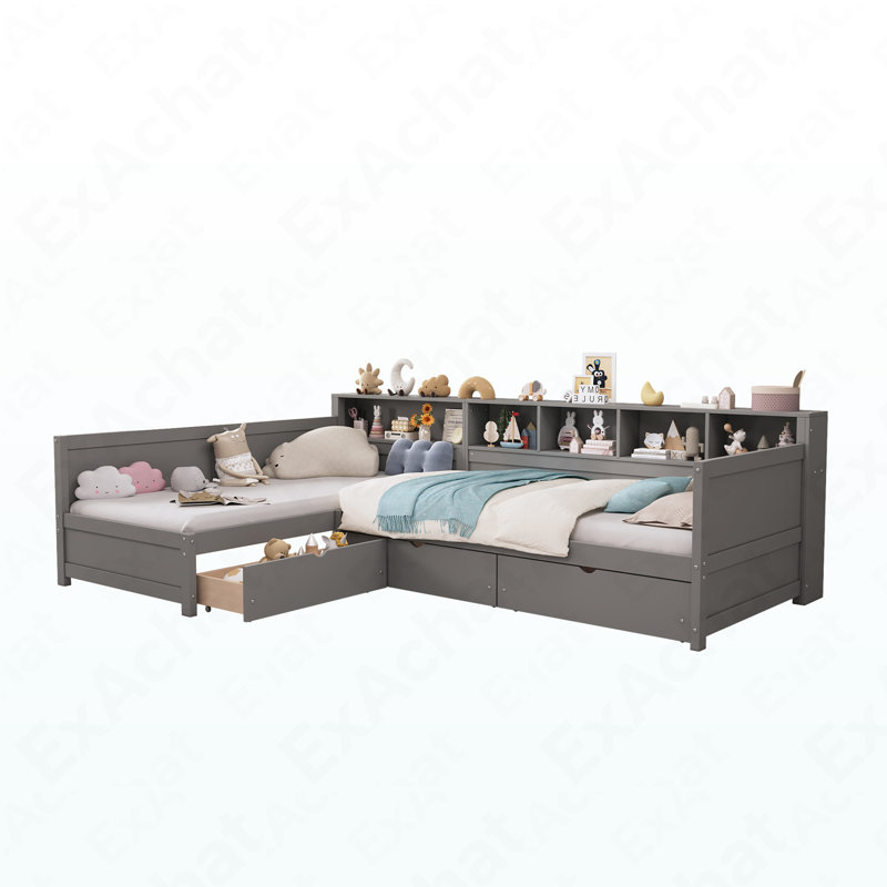 Twin Size Day Bed For 2, L- Shape Twin Size Bed Frame With Storage 3 Drawers,  Wooden Corner Bed With Bookshelf, Corner Bed Frame For Bedroom, Living Room,Grey