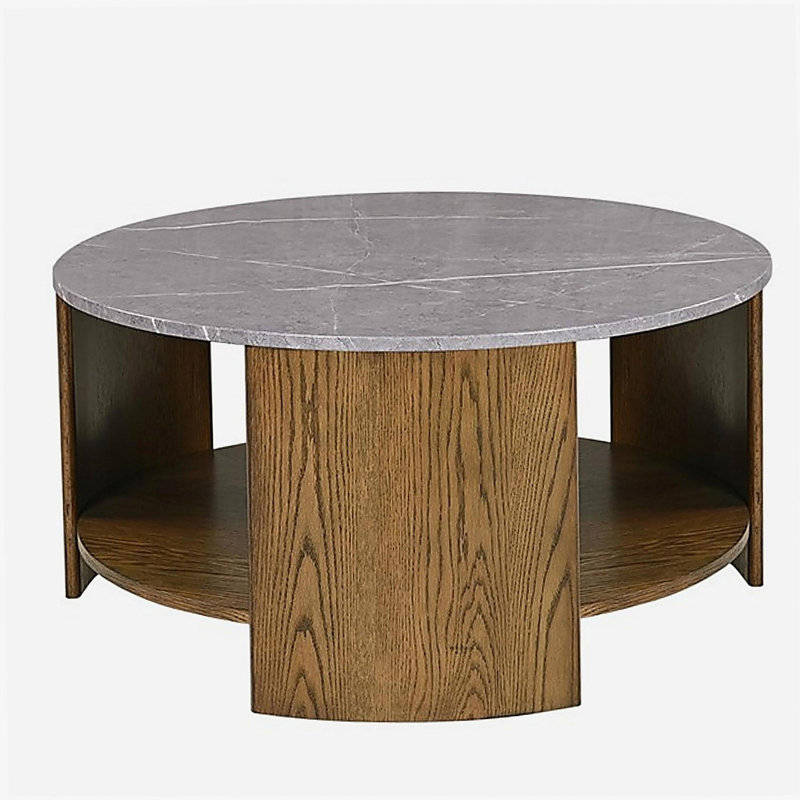 Table basse circulaire avec tablette, Chêne, Gris, Marbre