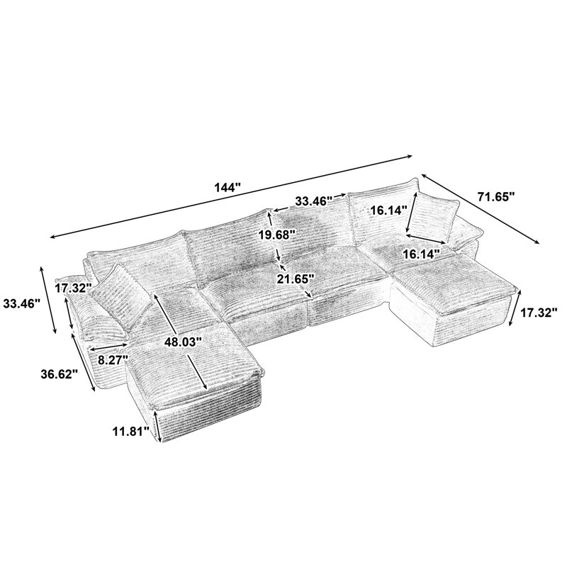 Canapé modulaire surdimensionné en U 144 po avec repose-pieds mobile en velours côtelé 144 po, Pink