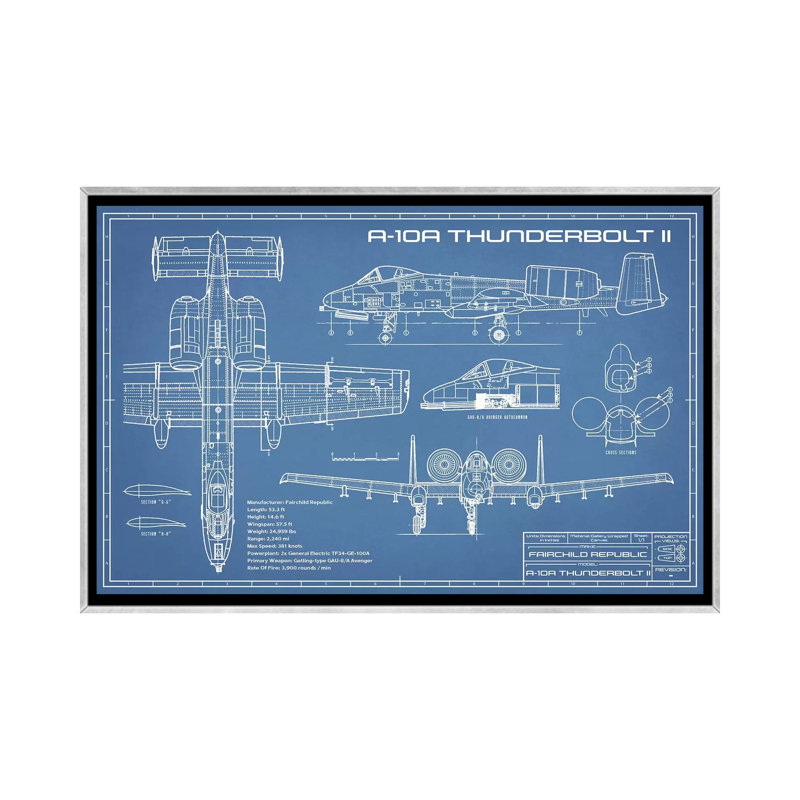 A-10 Thunderbolt II [Phacochère] Plan d'avion - reproduction de dessin, Pas de tapis, H 18 po x l 26 po x P 1,5 po