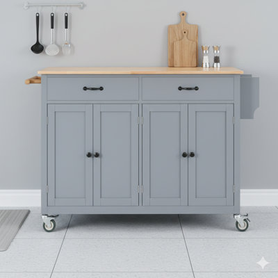 Chariot pour îlot de cuisine avec plateau en bois massif et roulettes verrouillables, largeur de 54,3 po, armoire de base à 4 portes, deux tiroirs, support à épices, porte-serviettes - finition gris-bleu