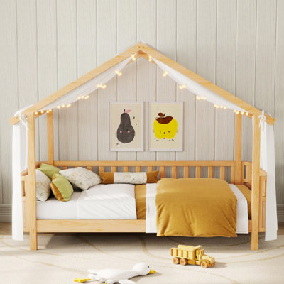 Lit en bois pour enfants, profil bas en bois avec tente pour filles et garçons