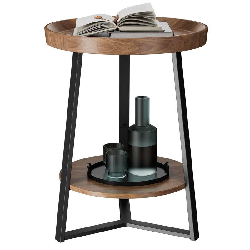 Brown Round Wood and Metal End Table with Storage Shelf