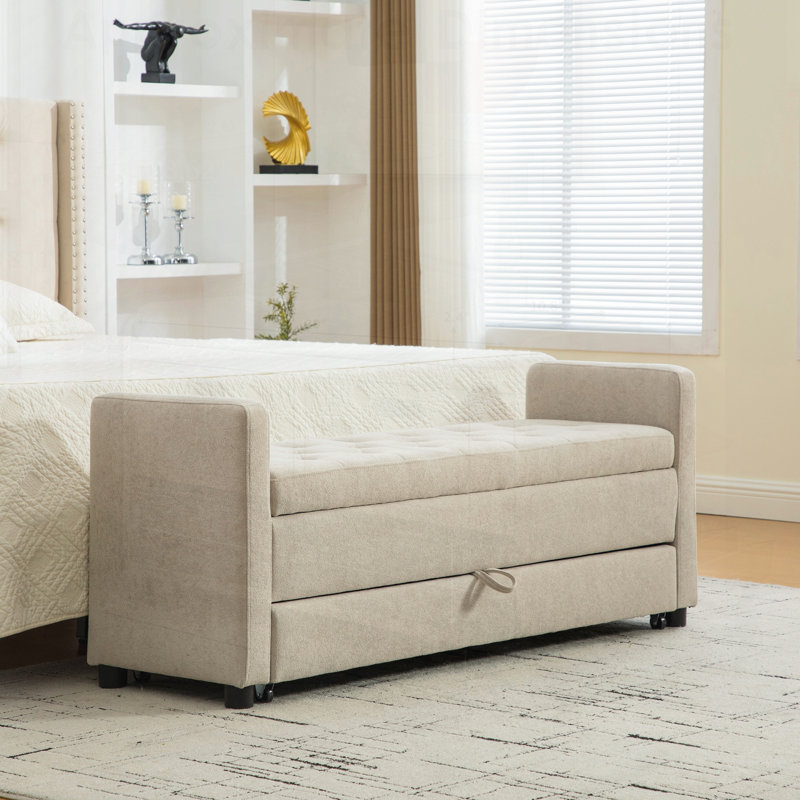 Banc de rangement rembourré moderne avec double espace de rangement, repose-pieds en tissu avec accoudoirs roulés pour salon, vestibule, dortoir, chambre à coucher