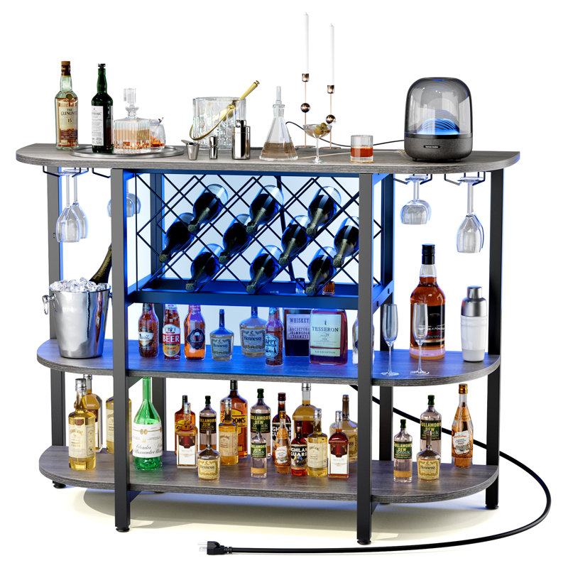 Wine Bar Cabinet with RGB LED Lights Outlet, Home Bar Table for Liquor, Bar Cart with Power Outlet, Kitchen Wine Rack, Gray