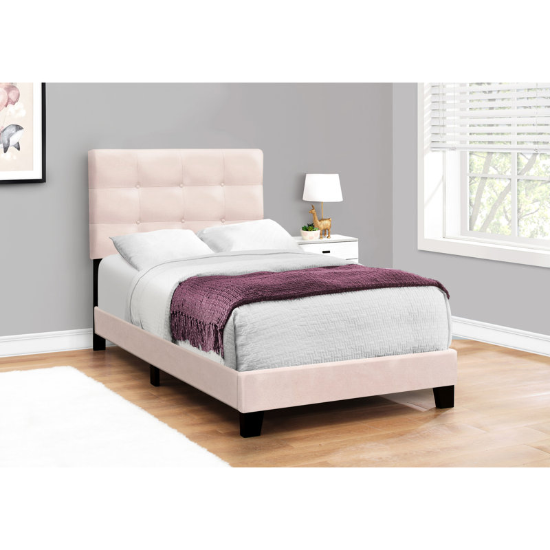 Mobilier de chambre simple, cadre de lit tapissier en velours rose, lit pour adolescent transitionnel, cadre rembourré