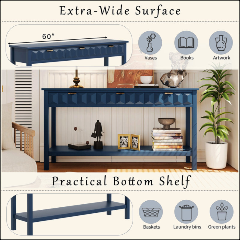 60'' Vintage Fir Veneer Console Table - Honeycomb-Patterned Drawers + Distressed Iron Handles, 3 Drawers + Bottom Open Shelf, Solid Pine Legs for Entryway/Living Room/Hallway/Study/Foyer