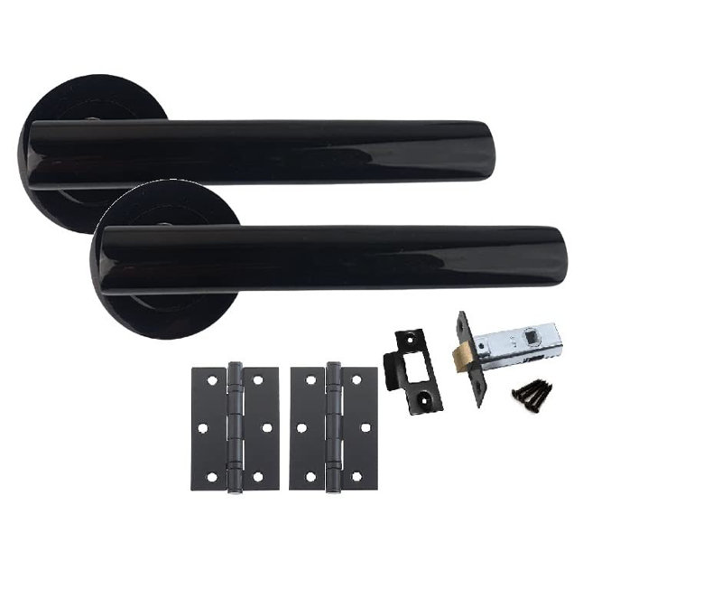  1 Set T-Bar Door Handles on Round Rose in Metallic Black Finish with Hinges and Tubular Latch