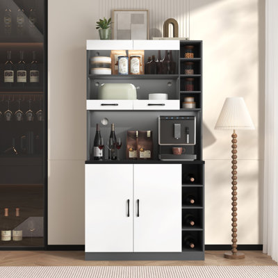 Tall Kitchen Pantry Cabinet 187 cm with LED Lighting, Glass Upper Doors and Adjustable Shelves, Large Middle Shelf for Microwave, Freestanding
