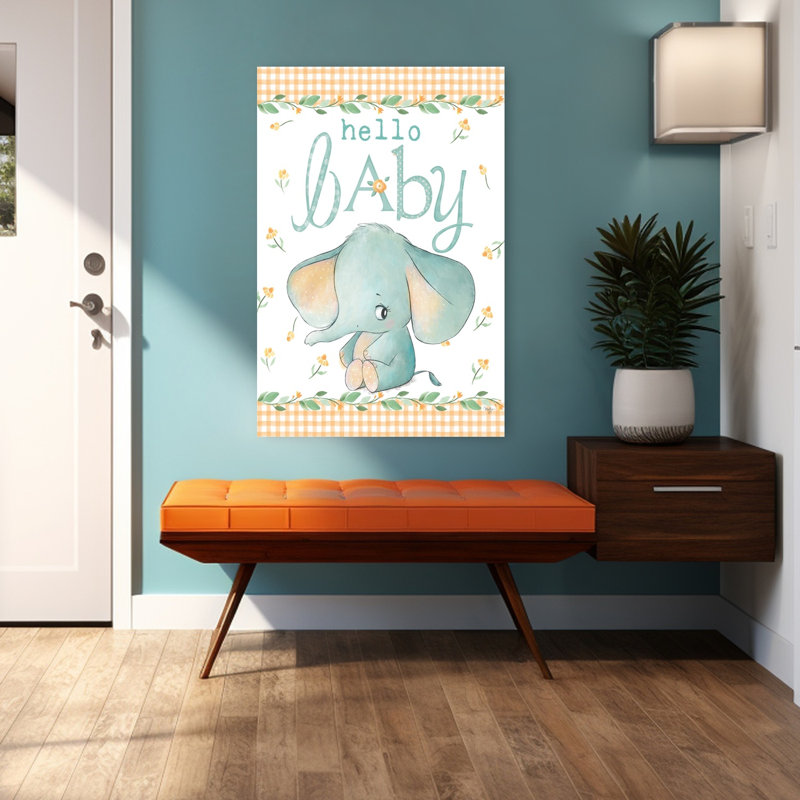 Hello Baby Elephant, art contemporain d'éléphant fantaisiste jaune, H 48 po x l 32 po