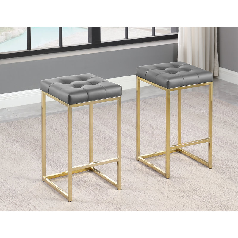 Cleo 26.5" Counter Height Upholstered Stools (Grey/ Gold) , Gray Faux Leather/Gold Frame