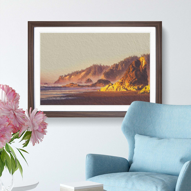 Oregon Beach at Sunset - Framed Print, 36cm H x 48cm W x 2cm D, Walnut Framed