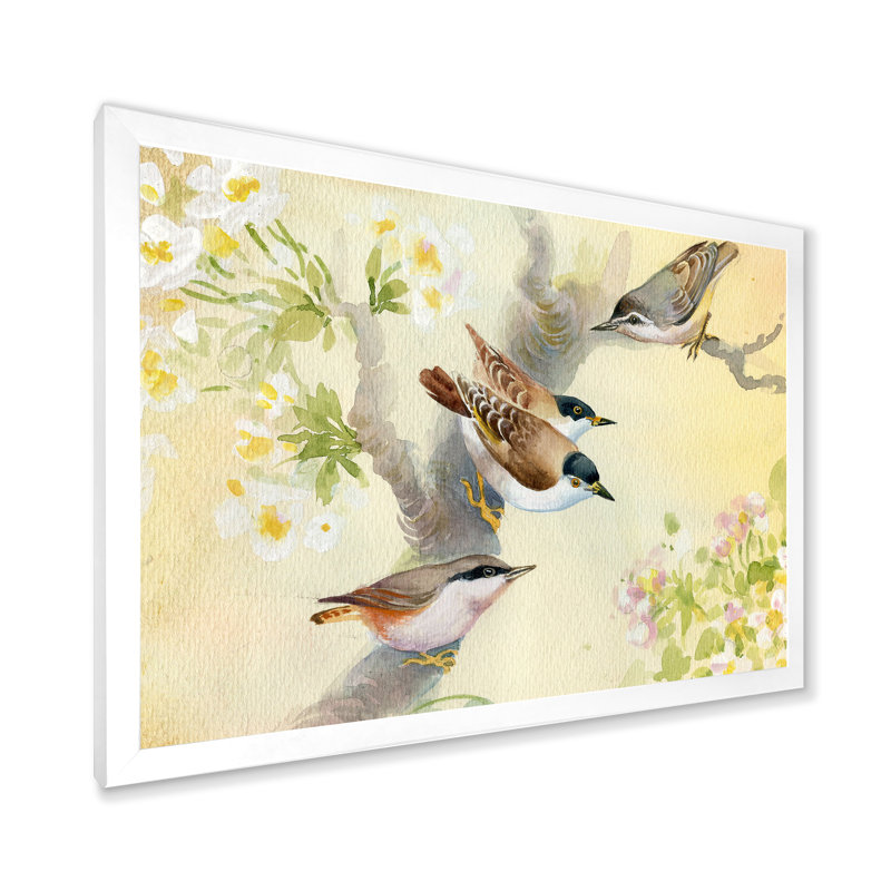 Oiseaux sur un pommier en fleurs - Peinture sur toile, H 12 po x l 20 po x p 1 po, Cadre photo blanc