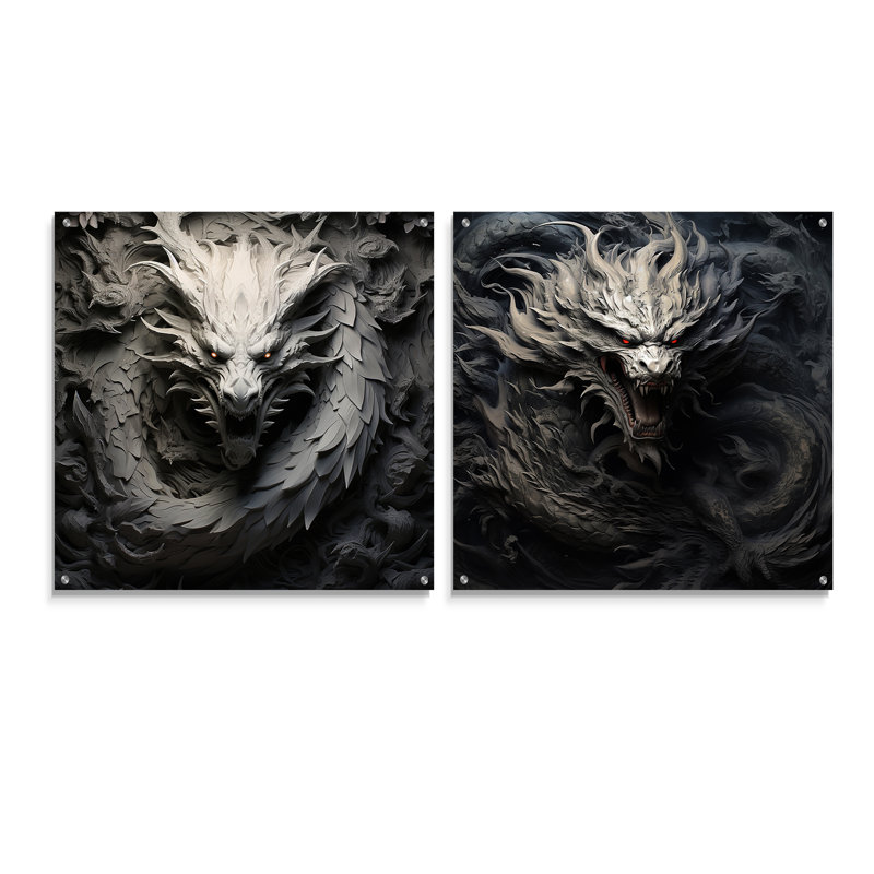 Dragon chinois noir et blanc - ensemble de 2 verres en acrylique, H 36 po x l 73 po