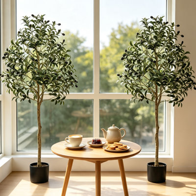 Ensemble de 2 oliviers artificiels de 5 pi, grande plante artificielle en pot avec matériau PE sécuritaire, protection anti-basculement, arbre vert réaliste pour la décoration de salon de bureau à domicile, homologué Prop 65, utilisation intérieure / extérieure nécessitant peu d'entretien - Cadeau de pendaison de crémaillère moderne
